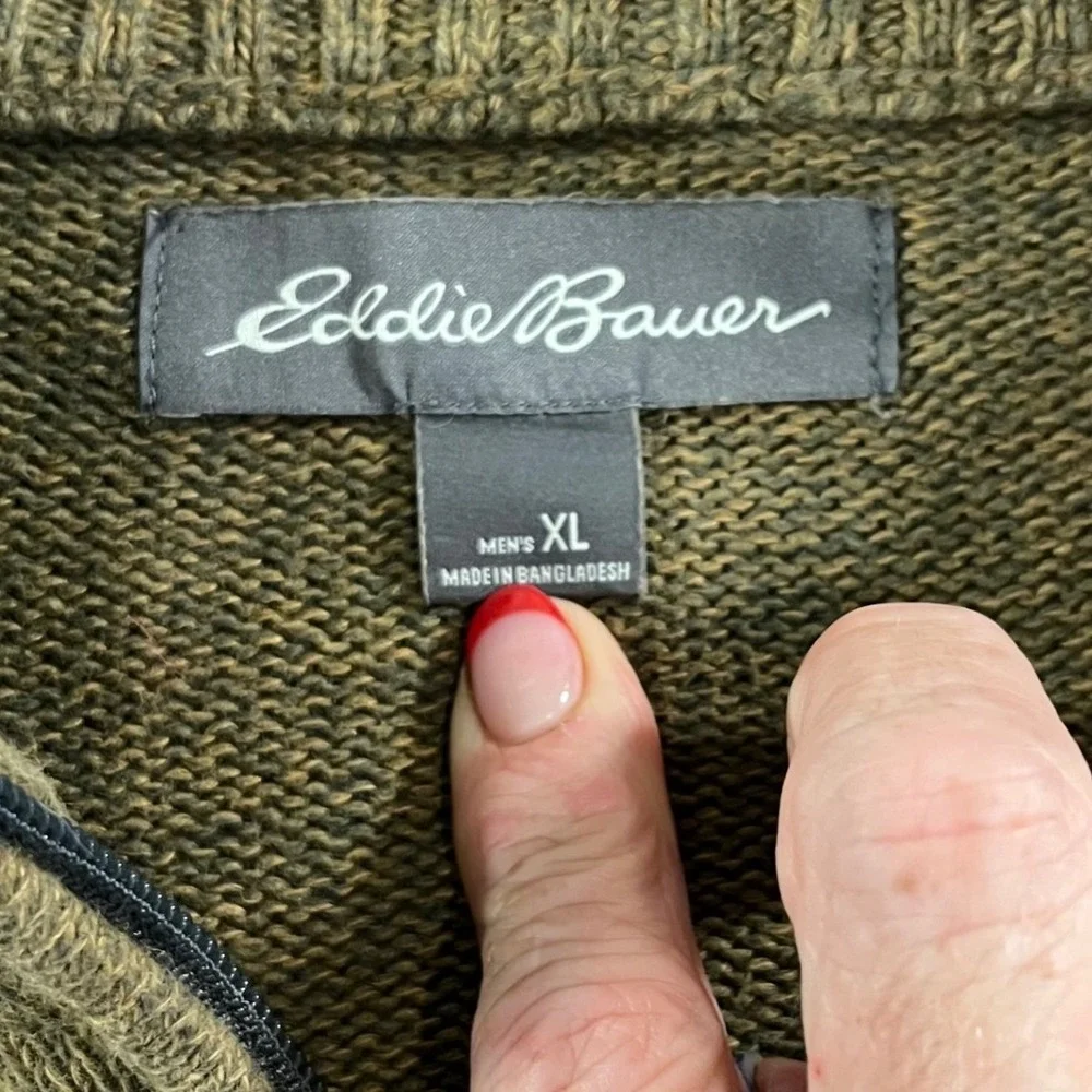 Eddie Bauer Quarter Zip Sweater Mens XL Olive Green 100% Cotton Knit